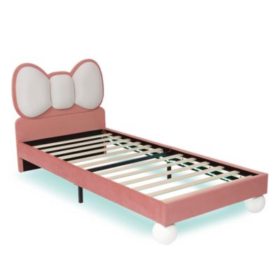 Lit enfant rembourré tête mouche, LED, velours, beige/rose, 90x200cm