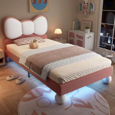 Lit enfant rembourré tête mouche, LED, velours, beige/rose, 90x200cm