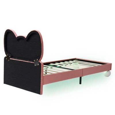 Lit enfant rembourré tête mouche, LED, velours, beige/rose, 90x200cm