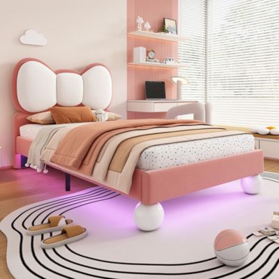 Lit enfant rembourré tête mouche, LED, velours, beige/rose, 90x200cm