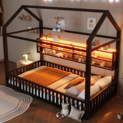 Lit enfants simple 90x200 avec éclairage LED,métal Lit Enfant avec Garde-Corp,Sans sommier à lattes,sans Matelas,Noir