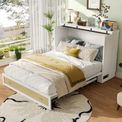 Lit Escamotable 140 x 200 cm - avec Bureau Modulable et 2 Tiroirs, Lit Double avec Prise USB - MDF - Sans Matelas - Blanc