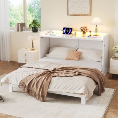 Lit escamotable 140 x 200 cm - avec port USB + prise électrique - avec LED - lit plateforme convertible - blanc (sans matelas)
