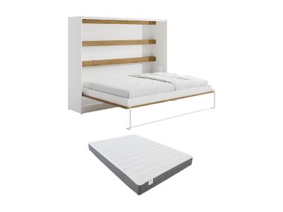 Lit escamotable 140 x 200 cm - Ouverture horizontale manuelle - Avec LEDs - Blanc et naturel + Matelas - RAPILI