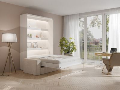 Lit escamotable 140 x 200 cm - Ouverture verticale manuelle - Avec LEDs - Blanc + Canapé en velours côtelé beige + Matelas -