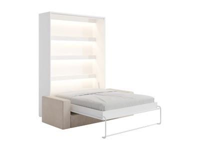 Lit escamotable 140 x 200 cm - Ouverture verticale manuelle - Avec LEDs - Blanc + Canapé en velours côtelé beige + Matelas -