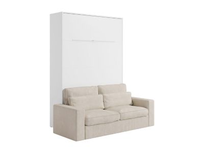 Lit escamotable 140 x 200 cm - Ouverture verticale manuelle - Avec LEDs - Blanc + Canapé en velours côtelé beige + Matelas -