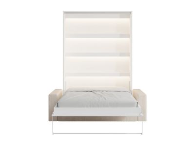 Lit escamotable 140 x 200 cm - Ouverture verticale manuelle - Avec LEDs - Blanc + Canapé en velours côtelé beige + Matelas -