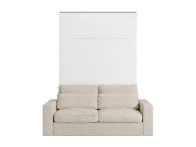 Lit escamotable 140 x 200 cm - Ouverture verticale manuelle - Avec LEDs - Blanc + Canapé en velours côtelé beige + Matelas -