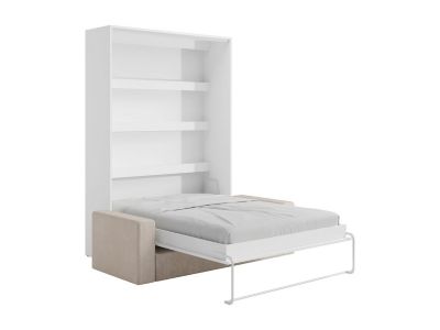 Lit escamotable 140 x 200 cm - Ouverture verticale manuelle - Avec LEDs - Blanc + Canapé en velours côtelé beige + Matelas -