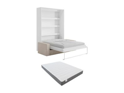 Lit escamotable 140 x 200 cm - Ouverture verticale manuelle - Avec LEDs - Blanc + Canapé en velours côtelé beige + Matelas -