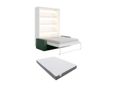 Lit escamotable 140 x 200 cm - Ouverture verticale manuelle - Avec LEDs - Blanc + Canapé en velours côtelé vert sapin + Matelas -
