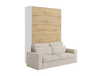 Lit escamotable 140 x 200 cm - Ouverture verticale manuelle - Avec LEDs - Blanc et naturel + Canapé en velours côtelé beige  -