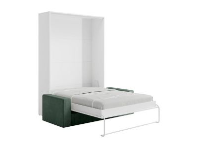 Lit escamotable 140 x 200 cm - Ouverture verticale manuelle - Blanc + Canapé en velours côtelé Vert - BEGANIO