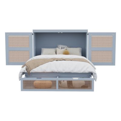 Lit escamotable 140x200 cm avec sommier tiroirs espace de rangement design rotin structure bois gris