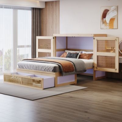 Lit escamotable 140x200cm - 2 tiroirs - sommier à lattes - naturel (matelas non inclus)