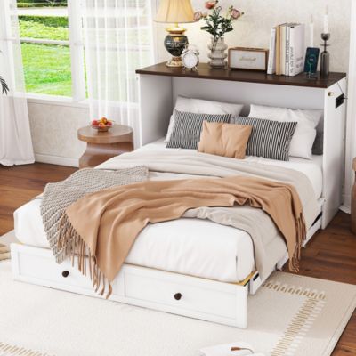 Lit escamotable 140x200cm, blanc, mobile avec tiroirs, étagère en tête de lit avec USB et prise électrique