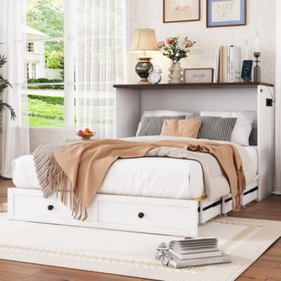Lit Escamotable 140x200cm, Tiroirs, USB, Plateforme, Sans Matelas, Blanc