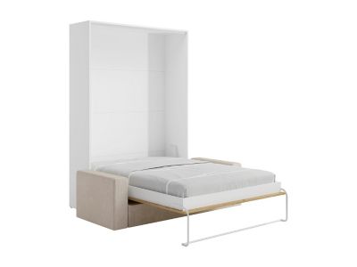 Lit escamotable 160 x 200 cm - Ouverture verticale manuelle - Coloris : Naturel et blanc + Canapé en velours côtelé beige -