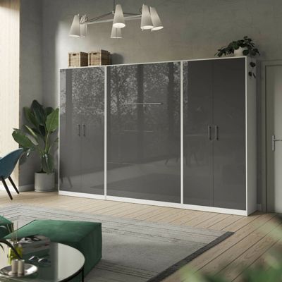 Lit escamotable +2 Placards Vertical 90x200+(100x2)cm Lit Mural Standard Blanc-Anthracite Brillant