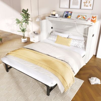 Lit Escamotable Double 140x200 cm - Tiroir et Compartiment Transformable, Ports USB et Type-C, Lin/MDF - Sans Matelas Beige