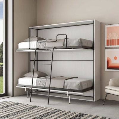 Lit escamotable - KANDO - Horizontal superposé - 2 couchages - Frêne Blanc - Matelas inclus