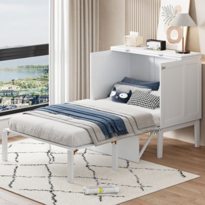 Lit Escamotable - Lit Mural 90x200 cm pour Adolescent, Lit Pliable Vertical avec Sommier, Bois Blanc, Sans Matelas