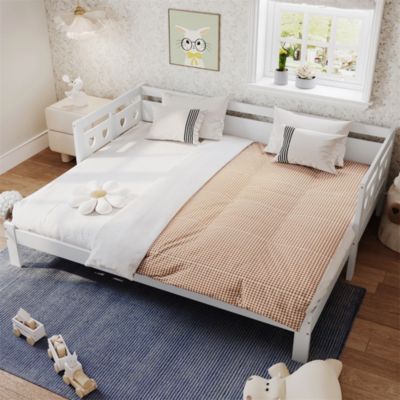 Lit extensible 90x190cm, lit de jour avec 2 places de couchage et cadre roulant, lit en forme de coeur, pin massif, blanc