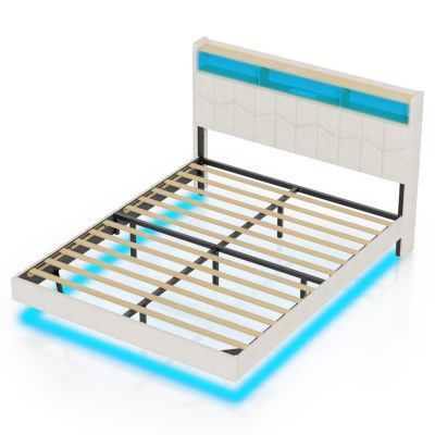 Lit Flottant 140x190 avec Sommier à Lattes Lit Double avec Éclairage LED