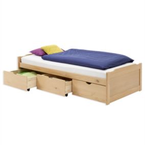 Lit fonctionnel MIA lit simple 90 x 200 cm pour enfant et adulte avec rangements 3 tiroirs, en pin massif lasuré couleur hêtre