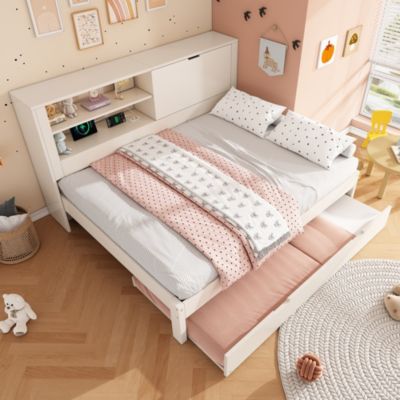 Lit gigogne 140x190 + 90x190 cm en bois blanc avec rangement et ports USB
