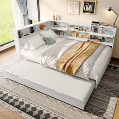 Lit gigogne 140x200 cm en pin blanc avec tête de lit rangement et USB