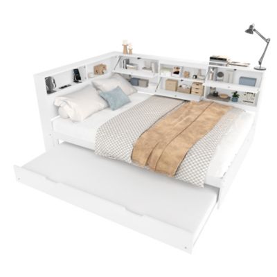 Lit gigogne 140x200 cm en pin blanc avec tête de lit rangement et USB