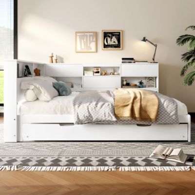 Lit gigogne 140x200 cm en pin blanc avec tête de lit rangement et USB