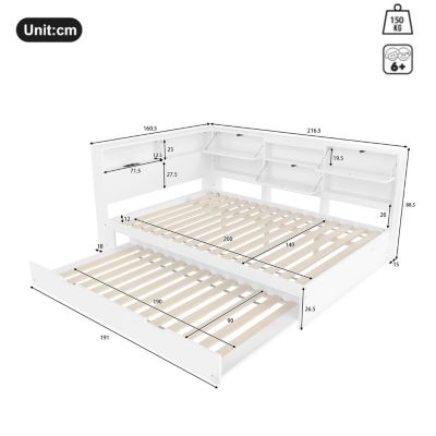 Lit gigogne 140x200 cm en pin blanc avec tête de lit rangement et USB