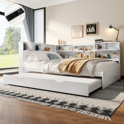 Lit gigogne 140x200 cm en pin blanc avec tête de lit rangement et USB