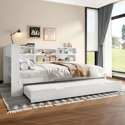 Lit gigogne 140x200 cm en pin blanc avec tête de lit rangement et USB