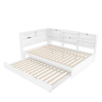 Lit gigogne 140x200 cm en pin blanc avec tête de lit rangement et USB