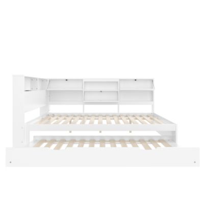 Lit gigogne 140x200 cm en pin blanc avec tête de lit rangement et USB