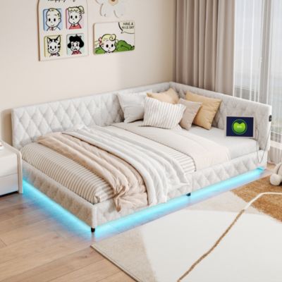 Lit Gigogne 140x200 en velours, lit banquette capitonné avec LED et USB, sommier à lattes, style scandinave, Beige
