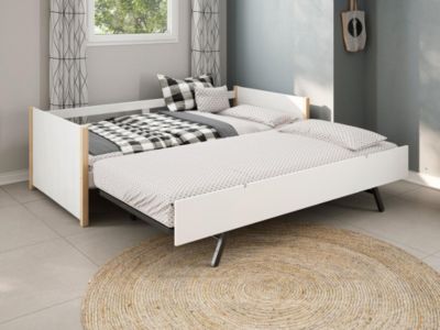 Lit gigogne 2 x 90 x 190 cm - MDF, pin et métal - Blanc et naturel - MAREKI