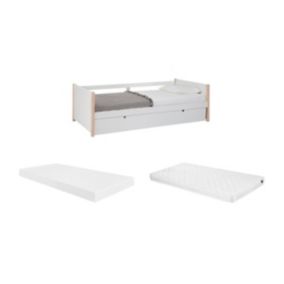 Lit gigogne 2 x 90 x 190 cm - MDF, pin et métal - Blanc et naturel + Matelas - MAREKI