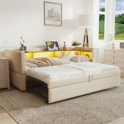 Lit Gigogne 90/180x190 cm - avec LED et Prise USB, Rangement sous Le Lit, Multifonction en Flanelle et Métal, Beige, Sans Matelas