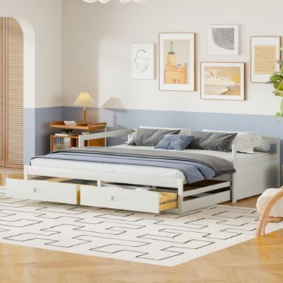 Lit Gigogne 90/180x190 cm Bois Blanc avec Tiroirs et Sommier À Lattes, Multifonction pour Chambre enfant, Blanc