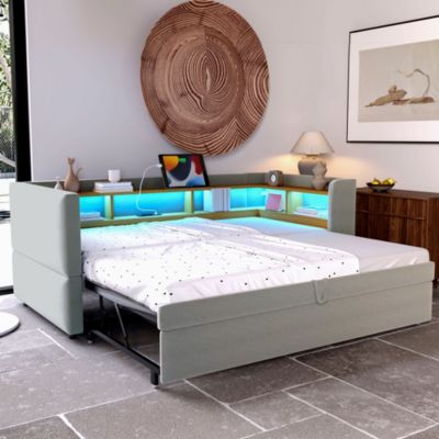 Lit Gigogne 90/180x190 cm Convertible avec LED et Prise USB, Rangement sous le Lit, Tissu Flanelle Gris Clair, Sans Matelas