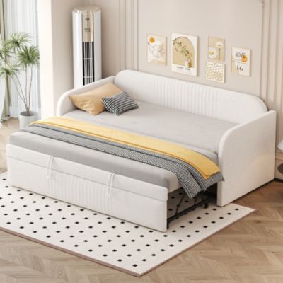 Lit gigogne 90/180x190 cm - Lit extensible avec sommier à lattes - Tissu lin respirant Beige, sans matelas