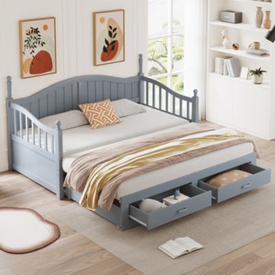 Lit Gigogne 90/180x200 cm avec Tiroirs et Sommier à Lattes Intégré, Lit Multifonction en Pin Massif, Gris