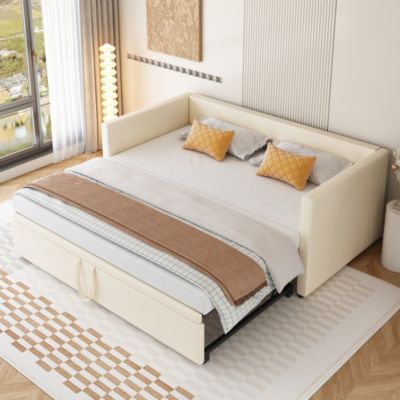 Lit Gigogne 90/180x200 cm - Lit Multifonction avec Sommier À Lattes, Sans Matelas, Velours Doux - Beige
