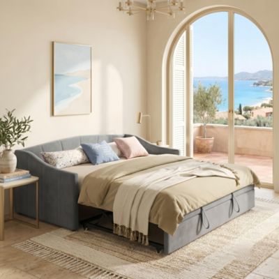 Lit gigogne 90x180/200 cm, canapé lit convertible, sommier à lattes, lit banquette 2 places, lit adulte Scandinave, Velours, Gris