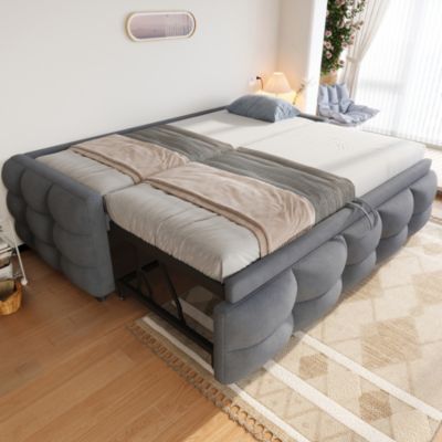 Lit gigogne 90x190 + 180x190 cm en tissu teddy gris avec sommier à lattes